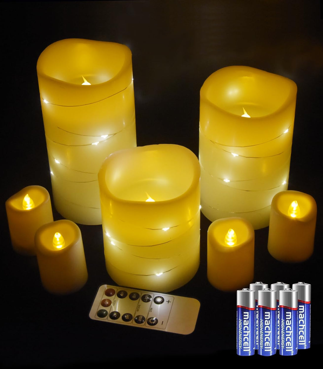 DANIP White LED flameless Candle with Embedded Star String, 3+4-Piece Set of LED Candles, with 11 Button Remote Control, 24-Hour Timer Function, Flashing Flame, Real Wax, Battery Powered