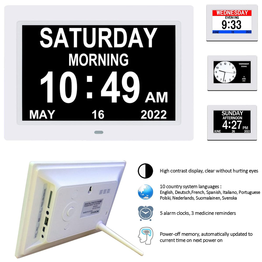 Extra Large Impaired Vision Digital Calendar Day Clock Photo Frame- Auto Dimmable Display 12 Alarm Options, Day Clock with Non-Abbreviated Day & Month Alarm Clock(9 inch White)