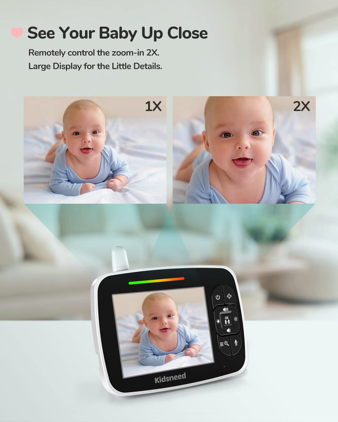 Baby Monitor, Kidsneed Video Baby Monitor with Remote Pan-Tilt-Zoom Camera and Audio, Large Screen Night Vision, Two Way Talk, Temperature Display, Lullabies, VOX Mode, 960ft Range