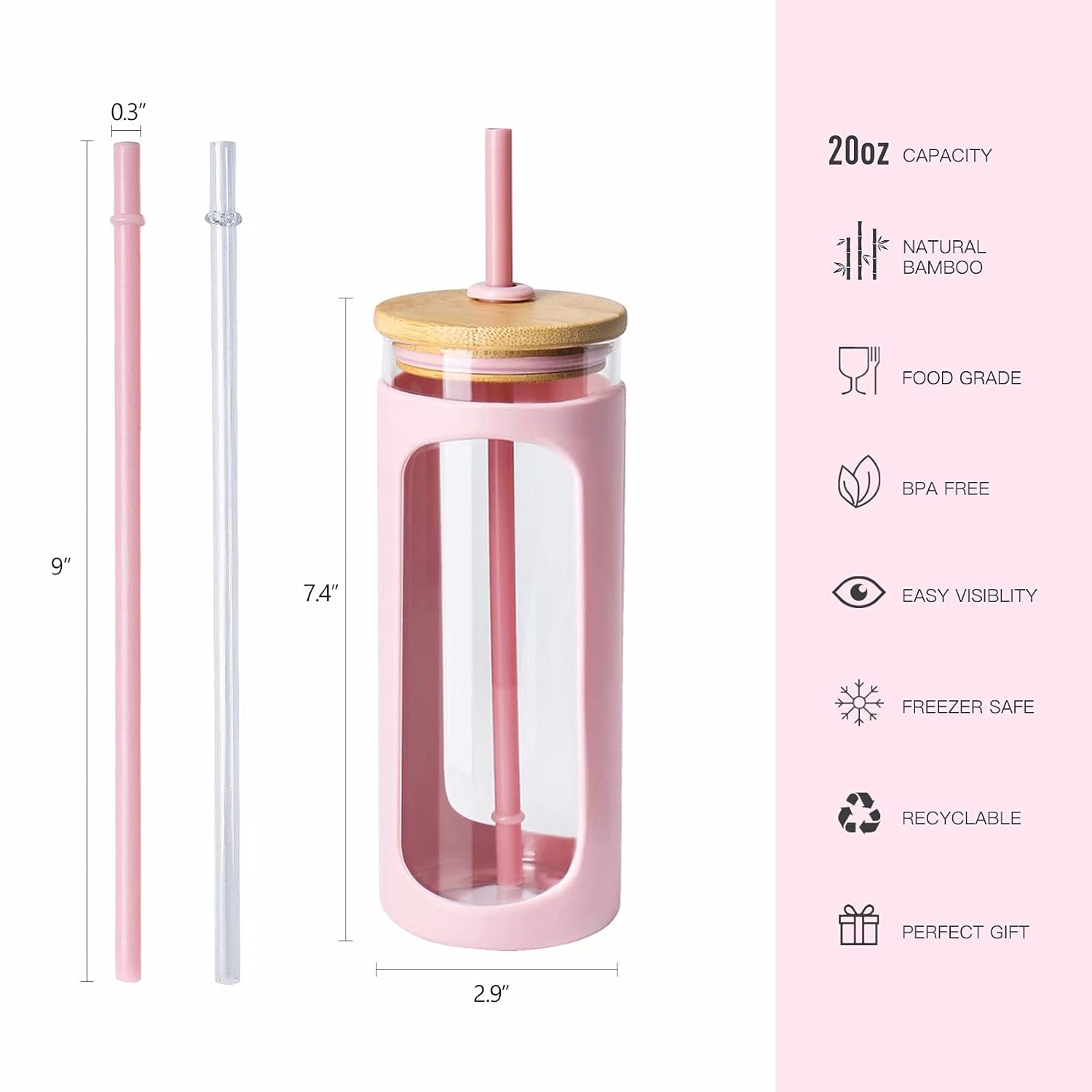 Kodrine 20 oz Glass Water Tumble with Straw and Lid, 2 Bamboo Lids Water Bottle, Iced Coffer Cup Reusable, Wide Mouth Smoothie Cup, Straw Silicone Protective Sleeve BPA FREE-Pink