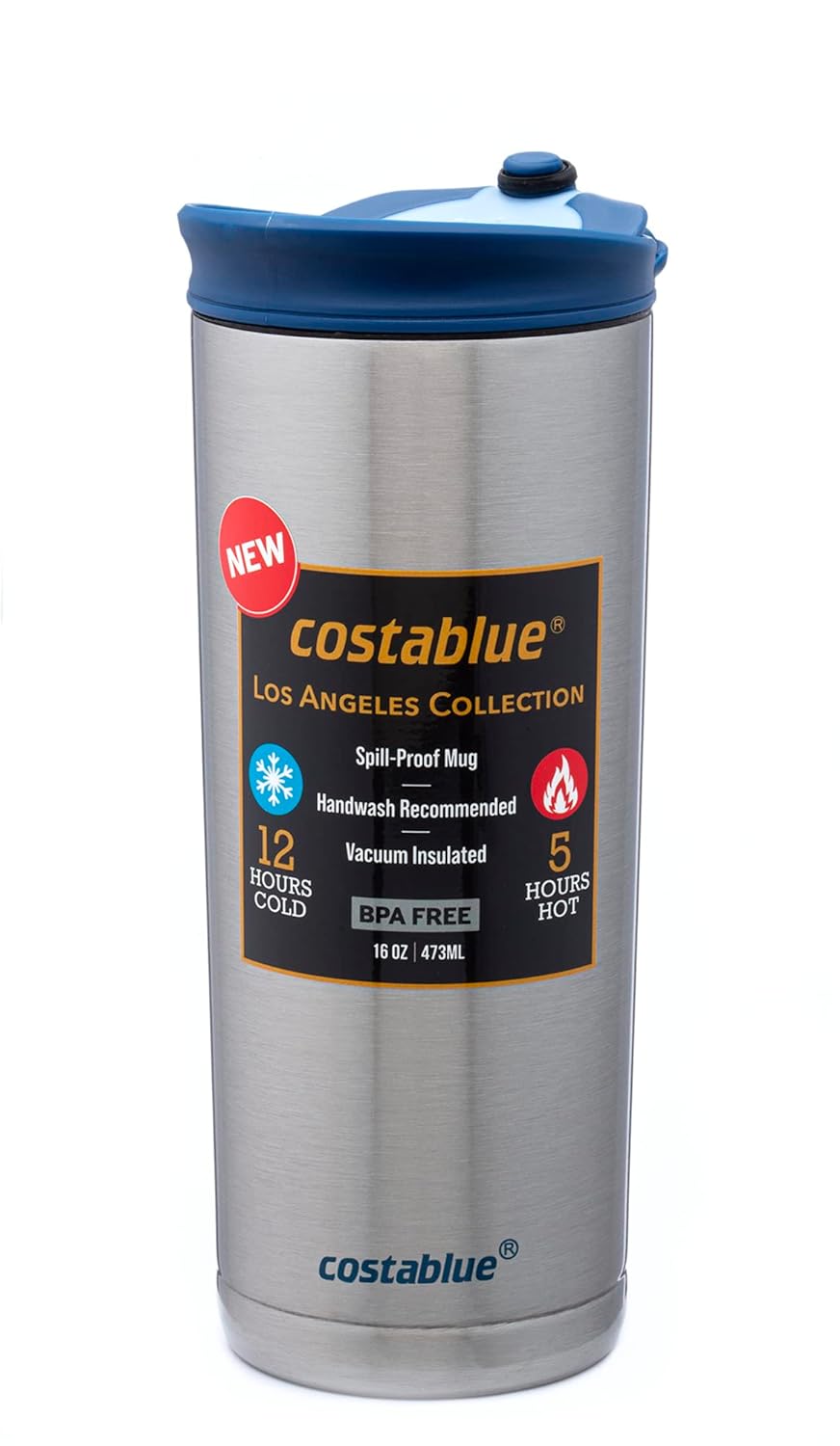 Costablue Vacuum Insulated Stainless Steel Thermal Travel Mug, 16 oz, Easy to clean, Flip leak proof Ocean Blue lid