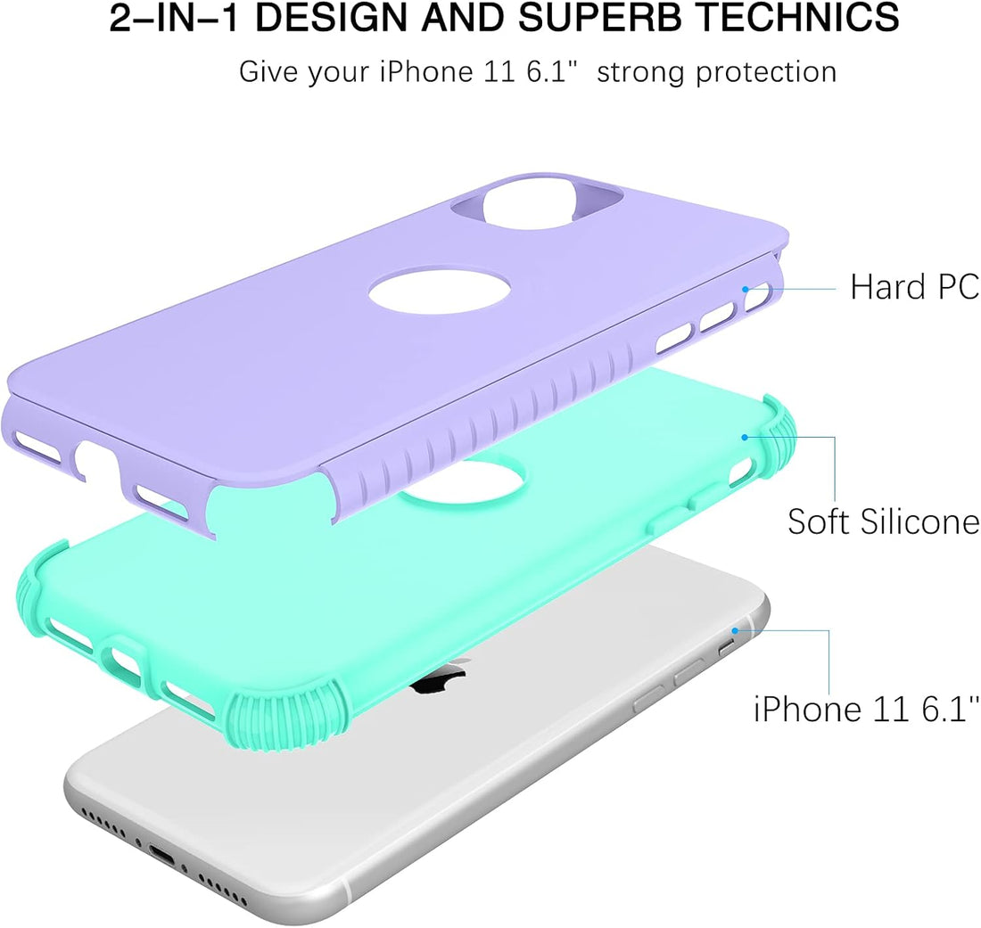 BENTOBEN iPhone 11 2019 Phone Case, Heavy Duty 2 in 1 Full Body Rugged Shockproof Protection Hybrid Hard PC Bumper Drop Protective Girls Women Boy Men, Purple/Mint