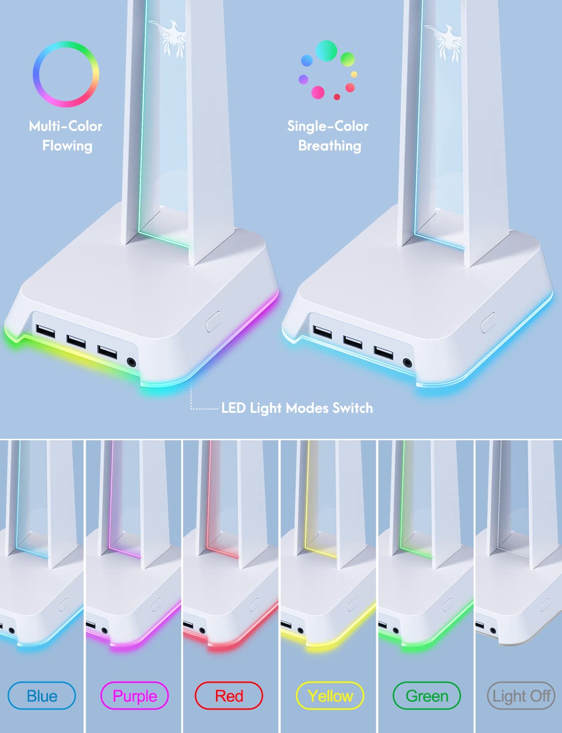 SOSISU RGB Headphones Stand with 3.5mm AUX and 3 USB 2.0 Ports, Gaming Headset Holder Hanger with Non-Slip Rubber Base for SOSISU Gaming Headset(Not Included), PC, Desktop (White)