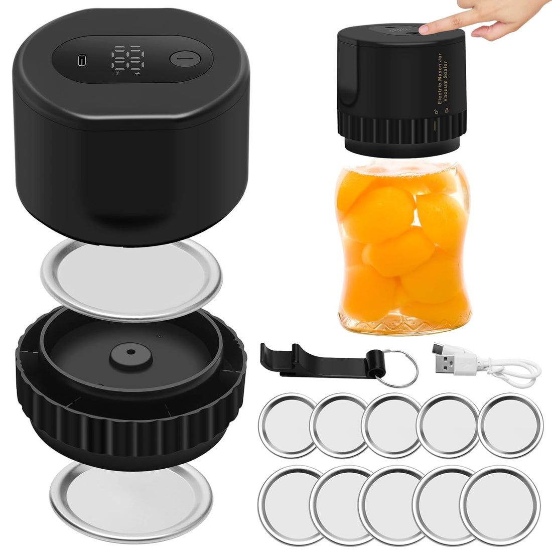 Mason Jar Vacuum Sealer, Coitek Electric Vacuum Sealer For Jars, Black Mason Jar Sealer Vacuum Sealing Kit With 1PCS Lid Opener, 5PCS Wide Mouth and 5PCS Regular Mouth Jar Lids
