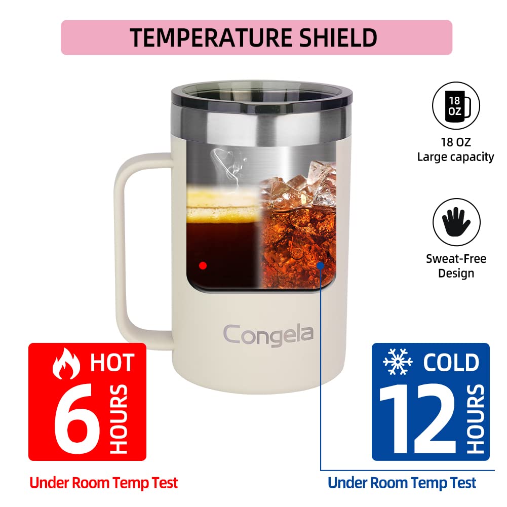 Congela 18oz Stainless steel insulated coffee mug with handle, tea cup with Tritan lid and Cement color perfect for winter outdoor camping or fishing (Cement, 18oz)