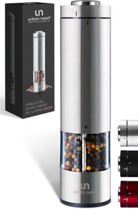 Electric Pepper Grinder or Salt Grinder - Battery Operated Stainless Steel Pepper Mill with Light - One Handed Operation - Adjustable Ceramic Grinder