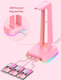 SOSISU RGB Headphones Stand with 3.5mm AUX and 3 USB 2.0 Ports, Gaming Headset Holder Hanger with Non-Slip Rubber Base for SOSISU Gaming Headset(Not Included), PC, Desktop (Pink)