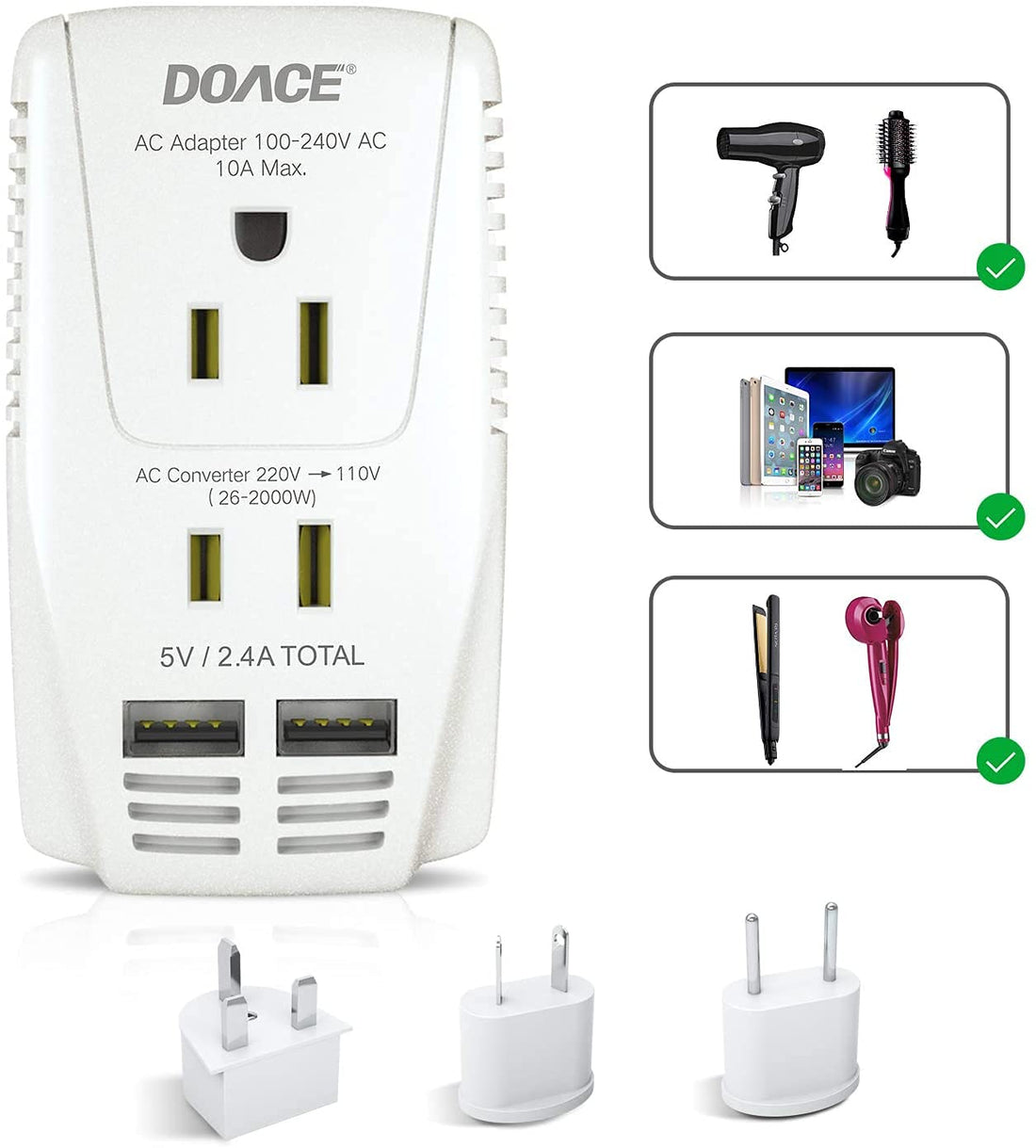DOACE C11 2000W Travel Voltage Converter for Hair Dryer Straightener Curling Iron, Step Down 220V to 110V, 10A Power Adapter with 2 USB and EU/UK/AU/US Plugs for Laptop Camera Cell Phone (White)