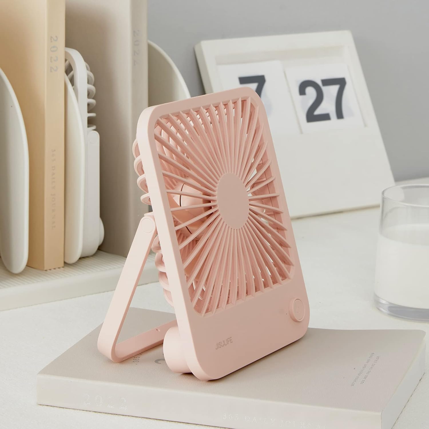 JISULIFE Desk Fan Battery Rechargable Fan，4500mAh 180°Foldable Portable Personal Fan, 4 Speeds Adjustable Long Battery-life for Home Office Travel Outdoor-Pink