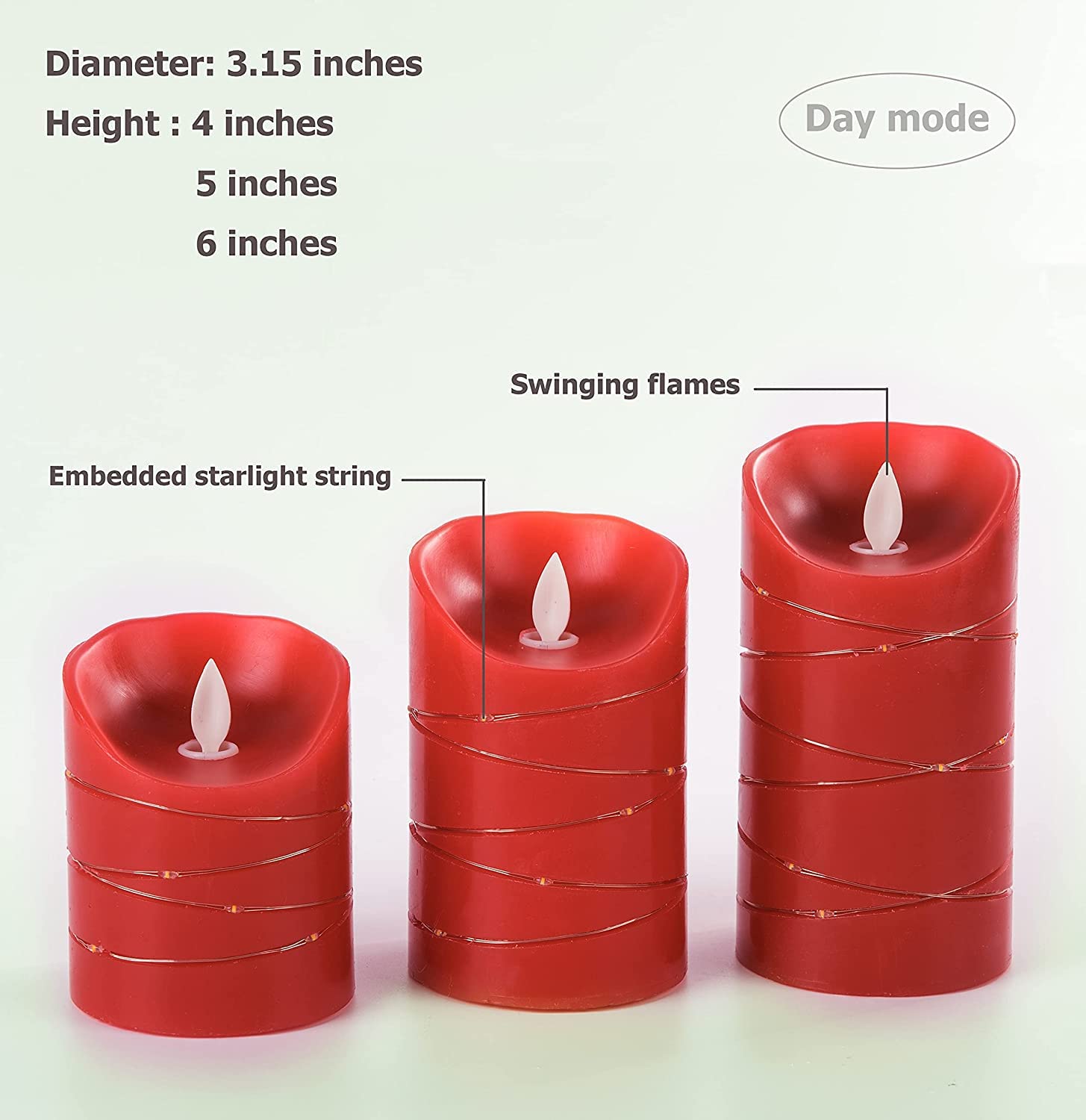 DANIP red LED flameless Candle with Embedded Star String, 3-Piece Set of LED Candles, with 11 Button Remote Control, 24-Hour Timer Function, Dancing Flames, Real Wax, Battery Powered. (Red)