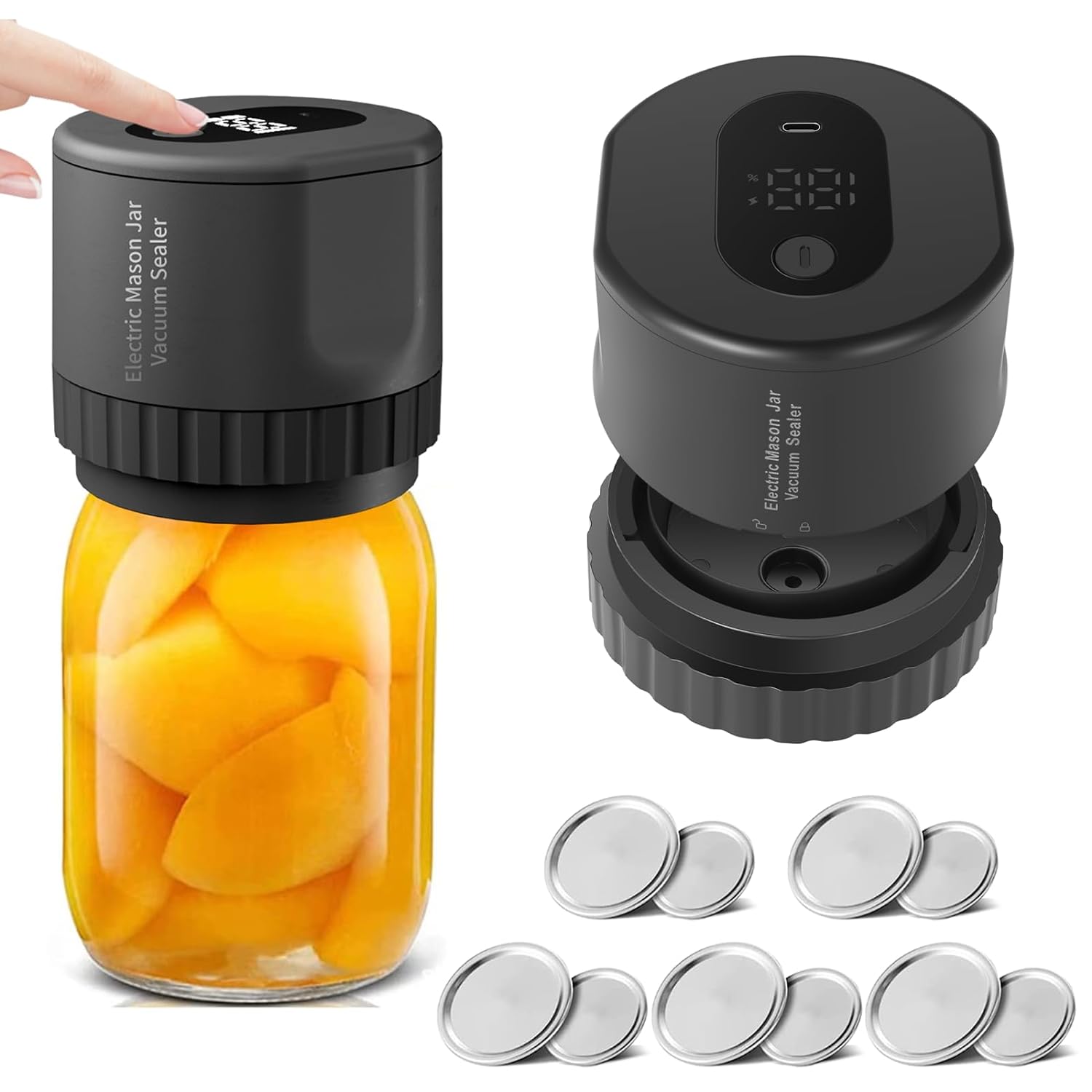 Electric Mason Jar Vacuum Sealer Machine for Wide Mouth and Regular Mouth Mason Jars, Mason Jars Food Sealer, Canning Kit with 10 pcs Lids,Vacuum Sealer for Food (Black)