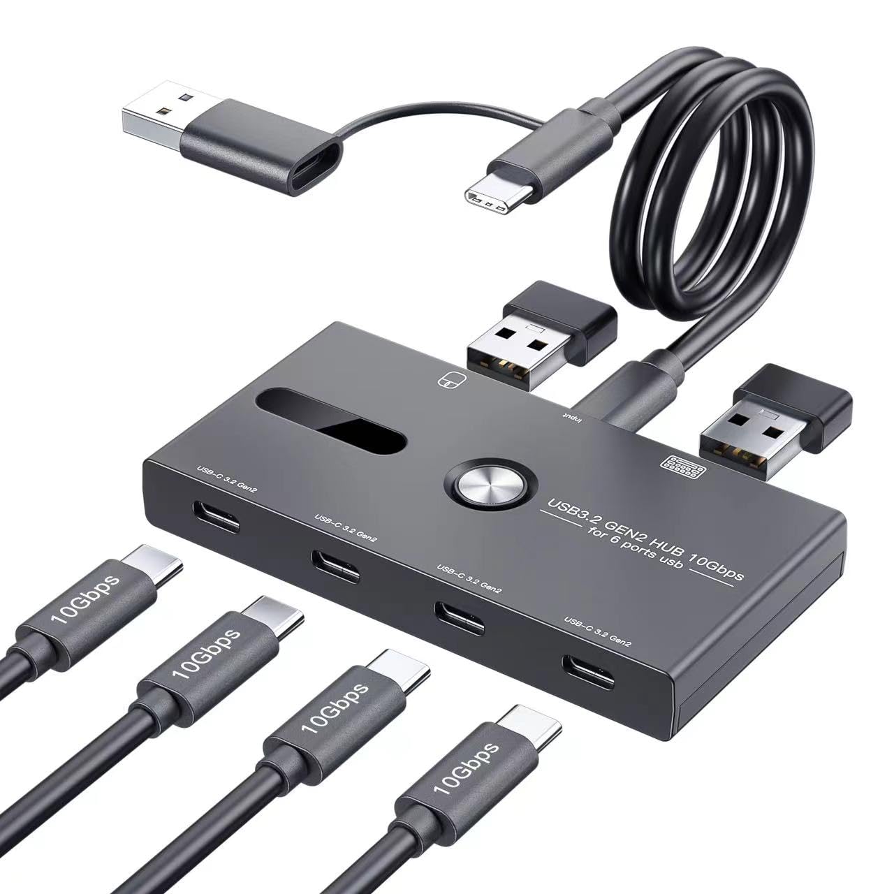 10Gbps USB C Hub, 6 Ports USB C Splitter, Type-C and USB3.0 to USB C Hub for PC, Laptop, MacBook Pro/Air, iMac, Surface Pro, Chromebook, Etc(HUB ONLY, Not Support Charging/Monitor)