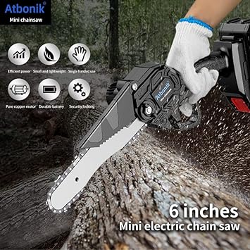 Mini Chainsaw,6-Inch Battery Powered hand chainsaw Chainsaw Cordless electric saw Rechargeable Battery, Long endurance for Tree Trimming Branch Wood Cutting with 2 Battery 1 Chain