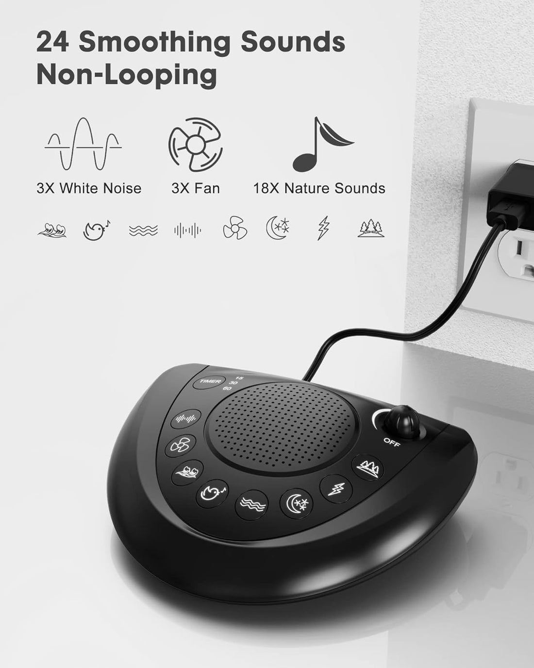 White Noise Machine – Portable Sound Machine Sleep Therapy with 24 Non Looping Natural Soothing Sounds, Memory Function, Auto-Off Timer, 2 USB Charger, Headphone Jack for Adults Baby Kids Travel