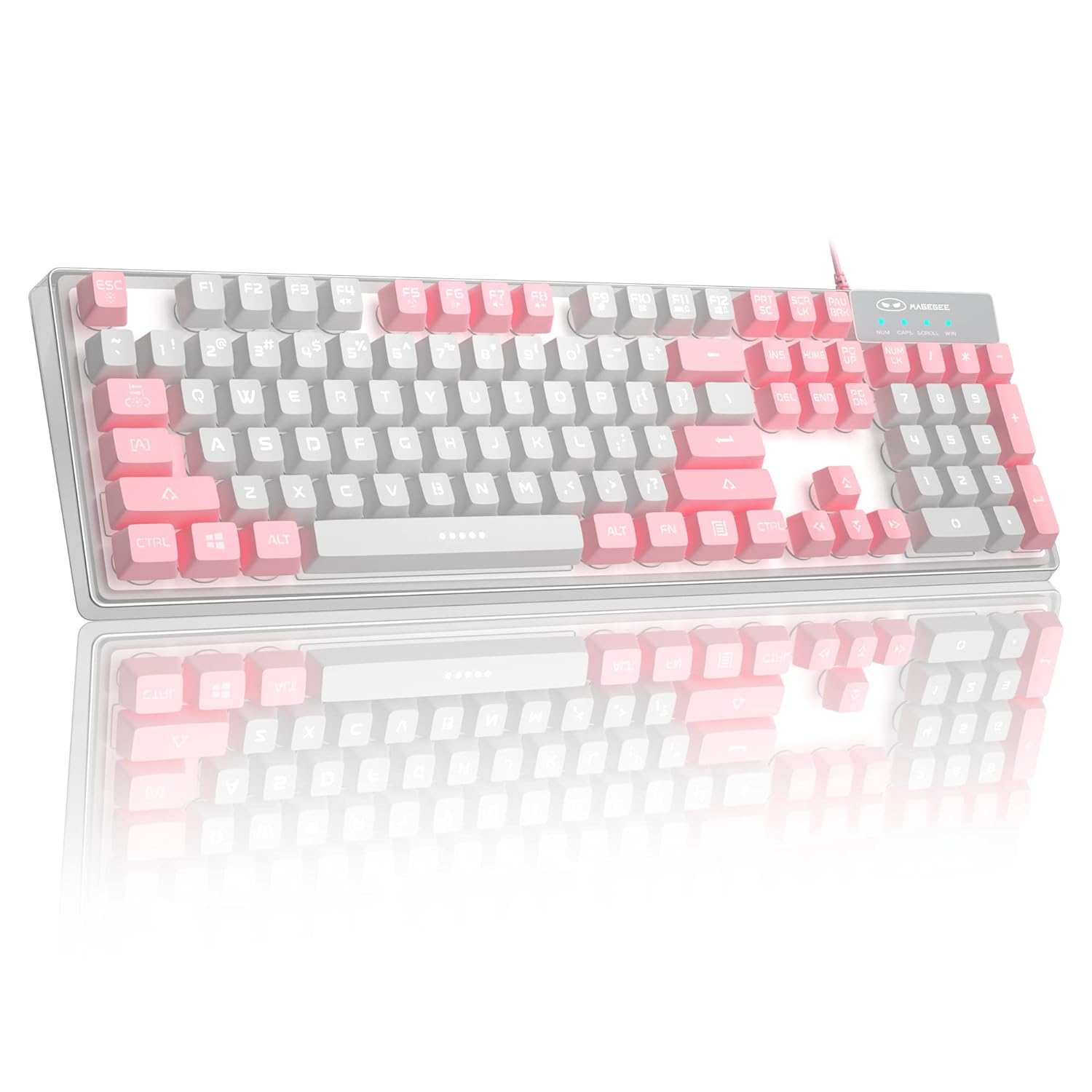 Gaming Keyboard, 7 Colors Backlit Wired Gaming Keyboard with Clear Housing and Double-Shot Keycaps, MageGee K1 Waterproof Ergonomic 104 Keys Light Up Keyboard for PC Desktop Laptop, Pink & White