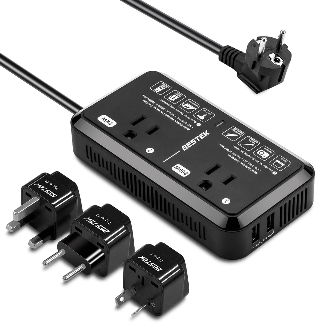 Universal Travel Adapter 220V to 110V Voltage Converter US to Europe 2000W Travel Voltage Converter with 2 USB Ports and EU/UK/AUS Plug Adapter for Hair Dryer/Curling Iron (Black)