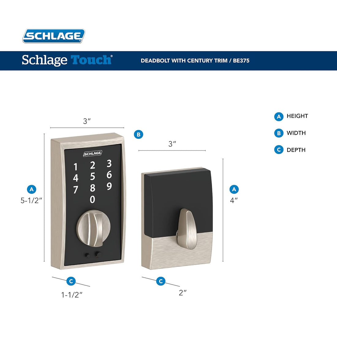 Schlage Touch Century Deadbolt (Satin Nickel) BE375 CEN 619