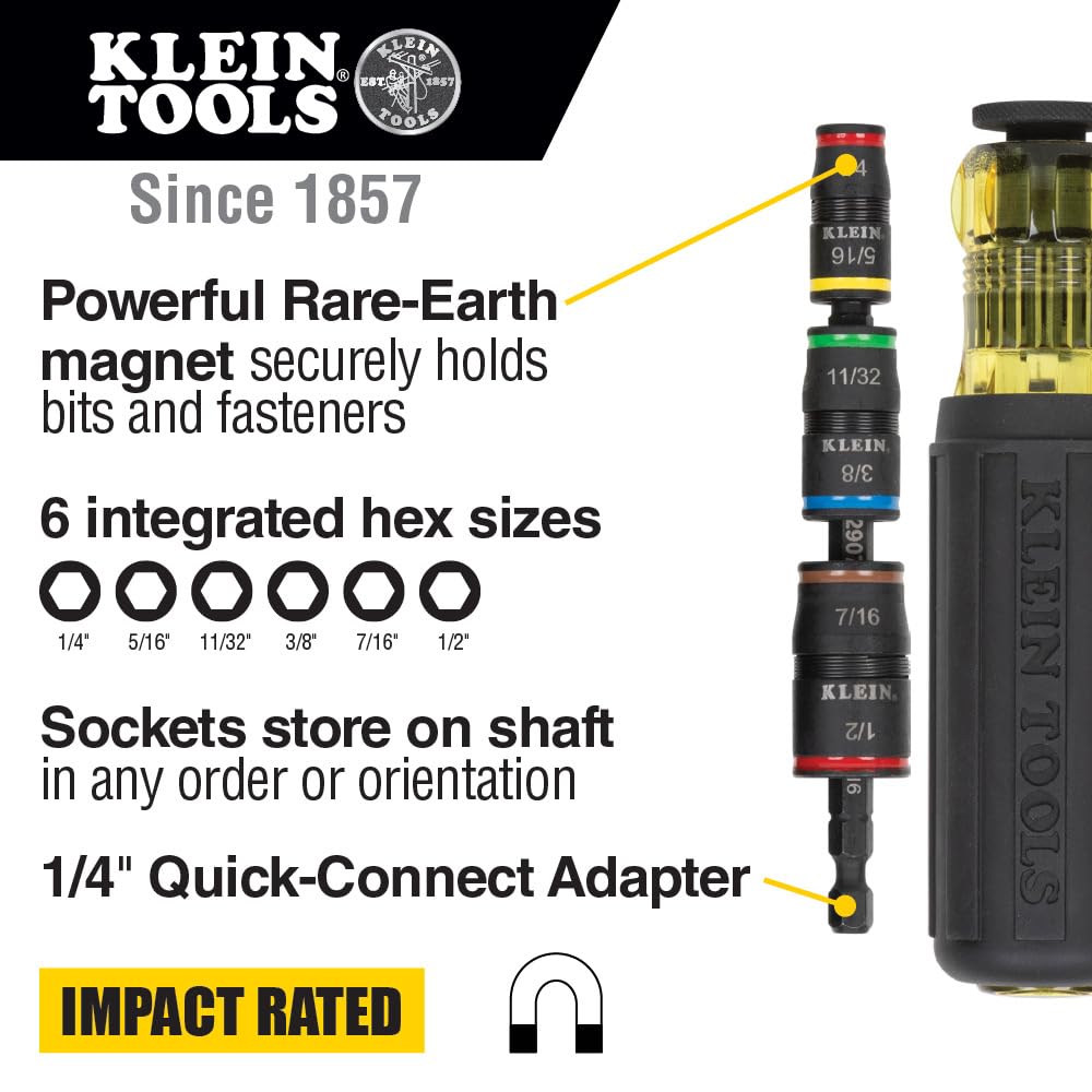 Klein Tools 32900 Impact Driver, 7-in-1 Impact Flip Socket Set with Handle, 6 Hex Driver Sizes plus a 1/4-Inch Bit Holder