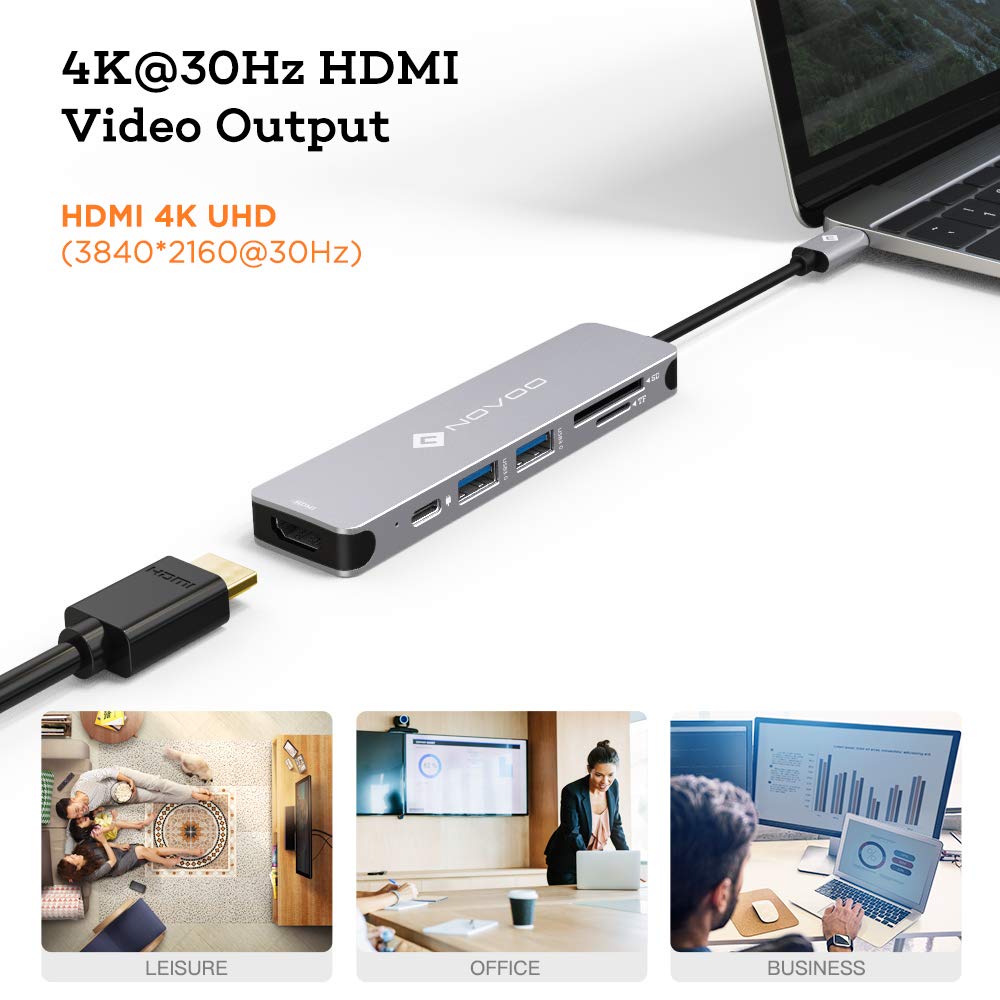 NOVOO USB C Hub, Type C Adapter Docking Station, 6 in 1 USB C Dongle, 100W Power Delivery, 4K USB-C to HDMI, 2 USB 3.1 Ports, SD/TF Cards Reader Compatible for iPad Pro/MacBook Pro Air/Type C Devices