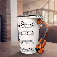 Music Coffee Mug with Lid and Violin Handle 13.5 Ounce, Water Tea Drinks Cup, Gift for Music Lover/Teacher/Friend