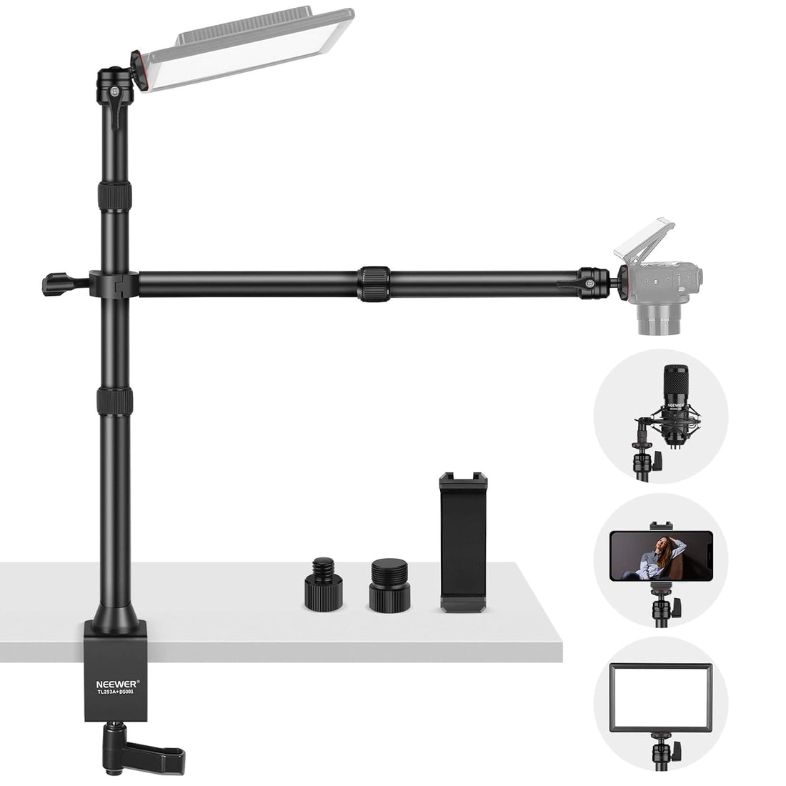 NEEWER Tabletop Overhead Camera Mount Stand with 2 Section Telescopic Extension Arm, Phone Holder, Ball Heads, Screw Adapters, Desk Light Stand for Camera, Phone, Webcam, Ring Light, TL253A+DS001