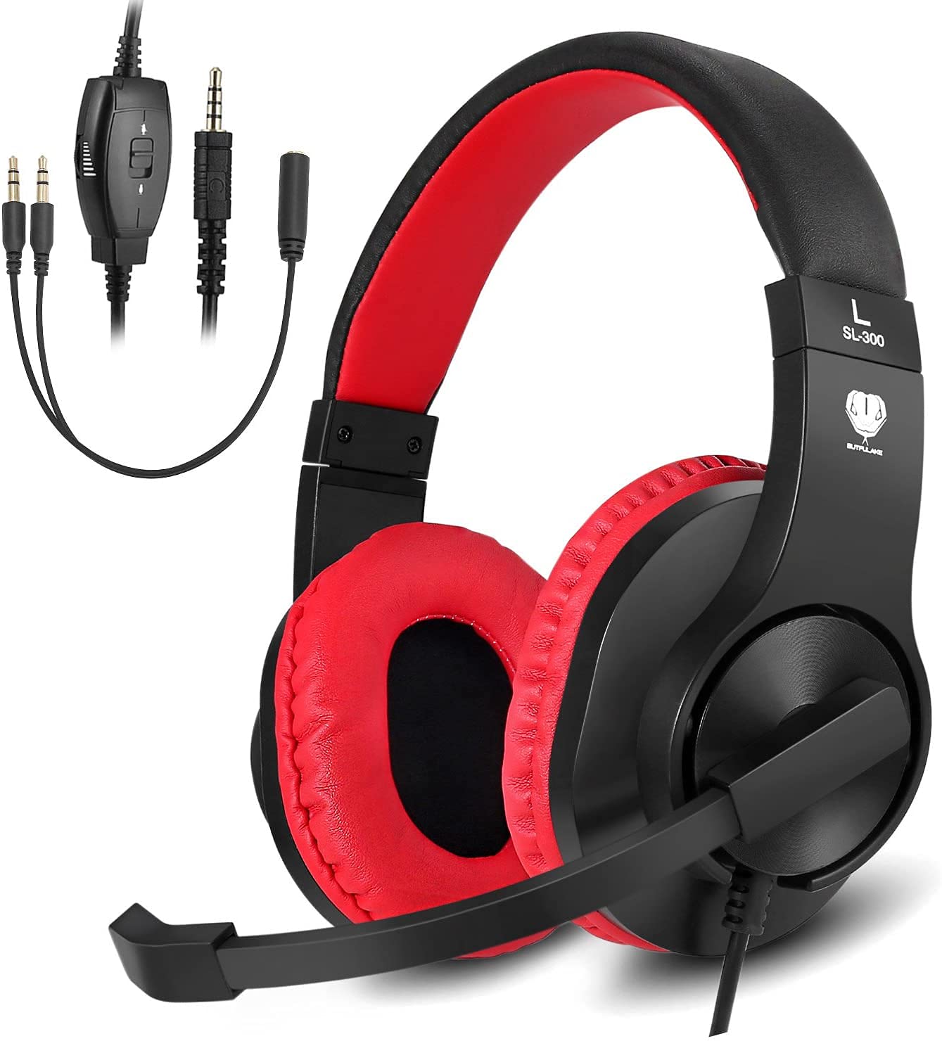 BUTFULAKE Stereo Gaming Headset for PS4, Xbox One, Nintendo Switch, Adjustable Earmuffs and Over-All Noise Isolation, Lightweight 3.5mm Wired Volume Control with Mic for Laptop PC (Black-red)