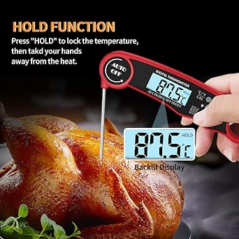 BESTCROF Meat Thermometer with Probe, Digital Instant Read Food Thermometer for Grilling BBQ, Kitchen Cooking, Baking, Liquids, Candy - IP67 Waterproof, Backlight & Calibration - Red/Black