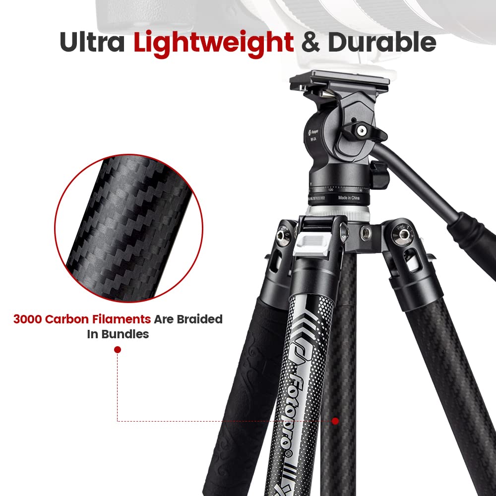 Fotopro X-Aircross 2 Video Carbon Fiber Travel Tripod 59 Inch Fluid Head Quick Release Plate 2.18lbs Lightweight Portable Stable Camera Video Travel Tripod for DSLR Camera Grey