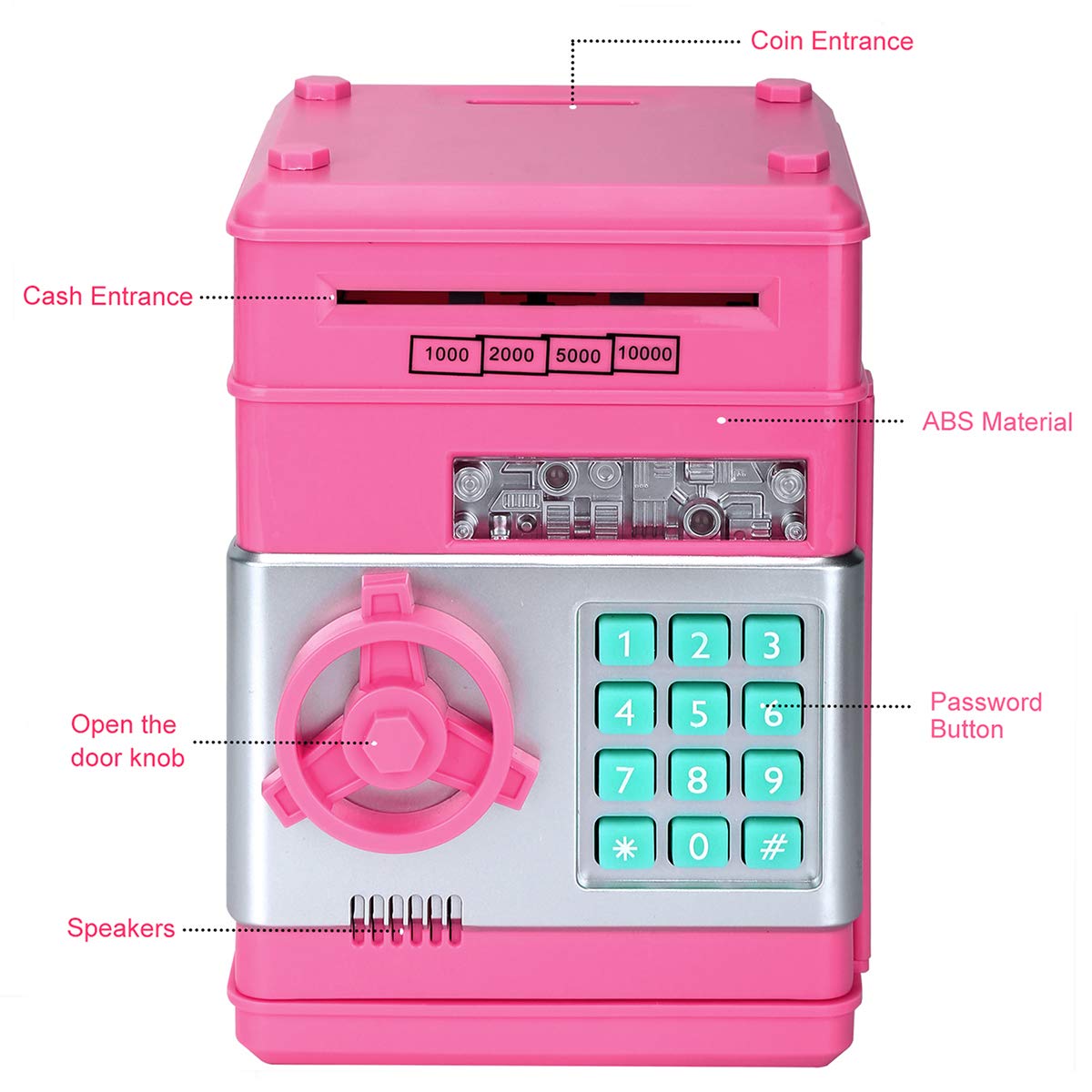 Adsoner Toy Piggy Bank, Electronic ATM Password Cash Coin Can Auto Scroll Paper Money Saving Box Gift for Kids (Light Pink)