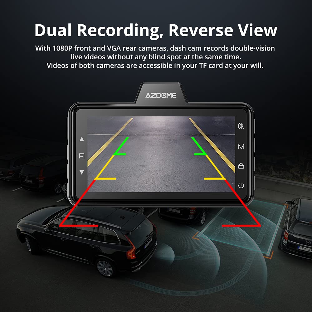 AZDOME Dual Dash Cam Front and Rear, 3 inch 2.5D IPS Screen Free 64GB Card Car Driving Recorder, 1080P FHD Dashboard Camera, Waterproof Backup Camera Night Vision, Park Monitor, G-Sensor, for Car Taxi