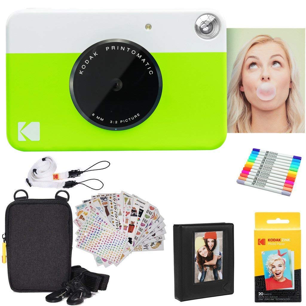 Kodak Printomatic Instant Camera (Green) Gift Bundle + Zink Paper (20 Sheets) + Deluxe Case + 7 Fun Sticker Sets + Twin Tip Markers + Photo Album + Hanging Frames + Comfortable Neck Strap