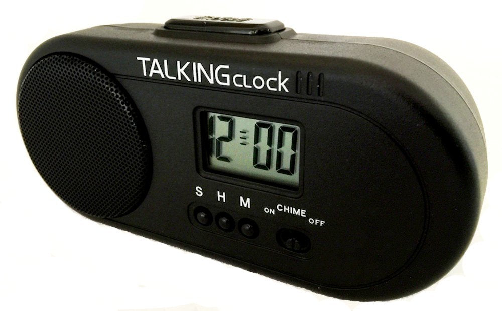TALKING HUMAN VOICE SPANISH SPEAKING BATTERY POWERED TRAVEL ALARM CLOCK. VERY LOUD, VERY LARGE SPEAKER. Hourly chime. Snooze Alarm. Three alarm sounds including rooster. Great for HEAVY SLEEPERS !
