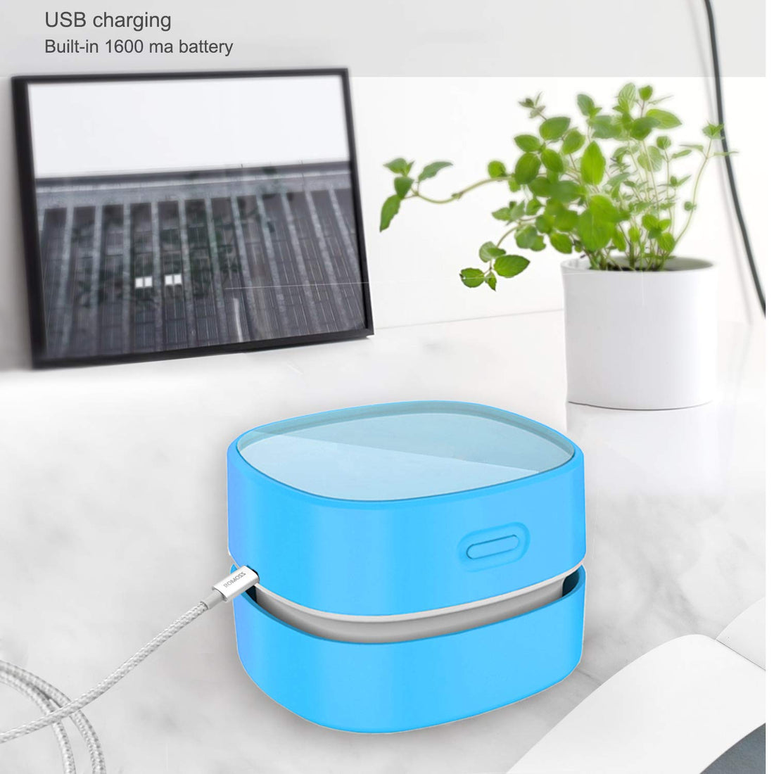 ODISTAR Desktop Vacuum cleaner,Mini table dust sweeper Energy Saving,High endurance up to 400 mins,Cordless&360º Rotatable Design for Cleaning Hairs,Crumbs,Computer Keyboard of kid gift(blue charging)