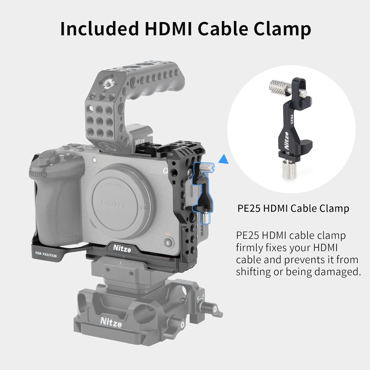 Nitze FX30 Cage for Sony FX30 / FX3 (ILME-FX3) with HDMI Cable Clamp and Built-in Arca QR Plate, Interchangeable Full Cage Half Cage Compatible with Original XLR Handle - T-S10B