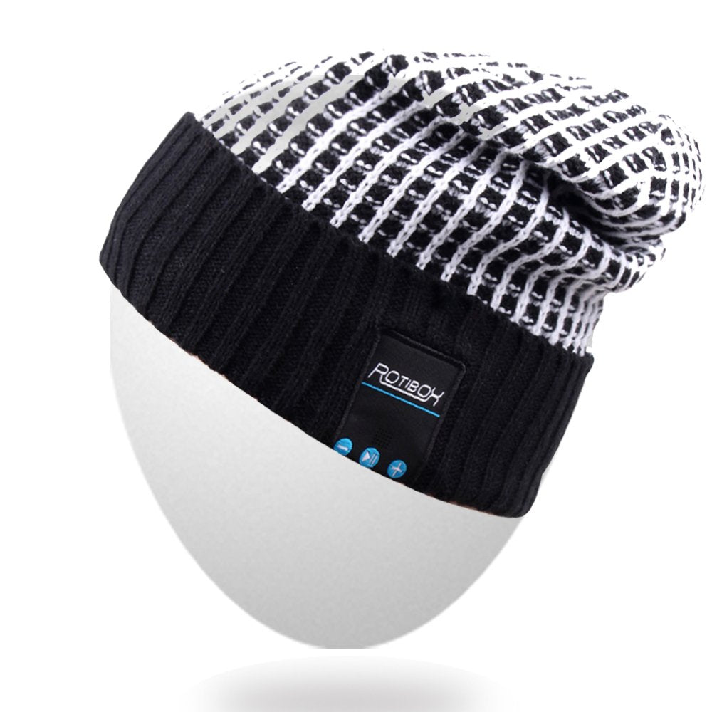 Rotibox Wireless Bluetooth Beanie Knit Hat Music Cap with Stereo Headphone Headset Earphone Speaker Hands-free Phone Call for Gym Outdoor Sports Skiing Running Skating Walking,Christmas Gifts - Black