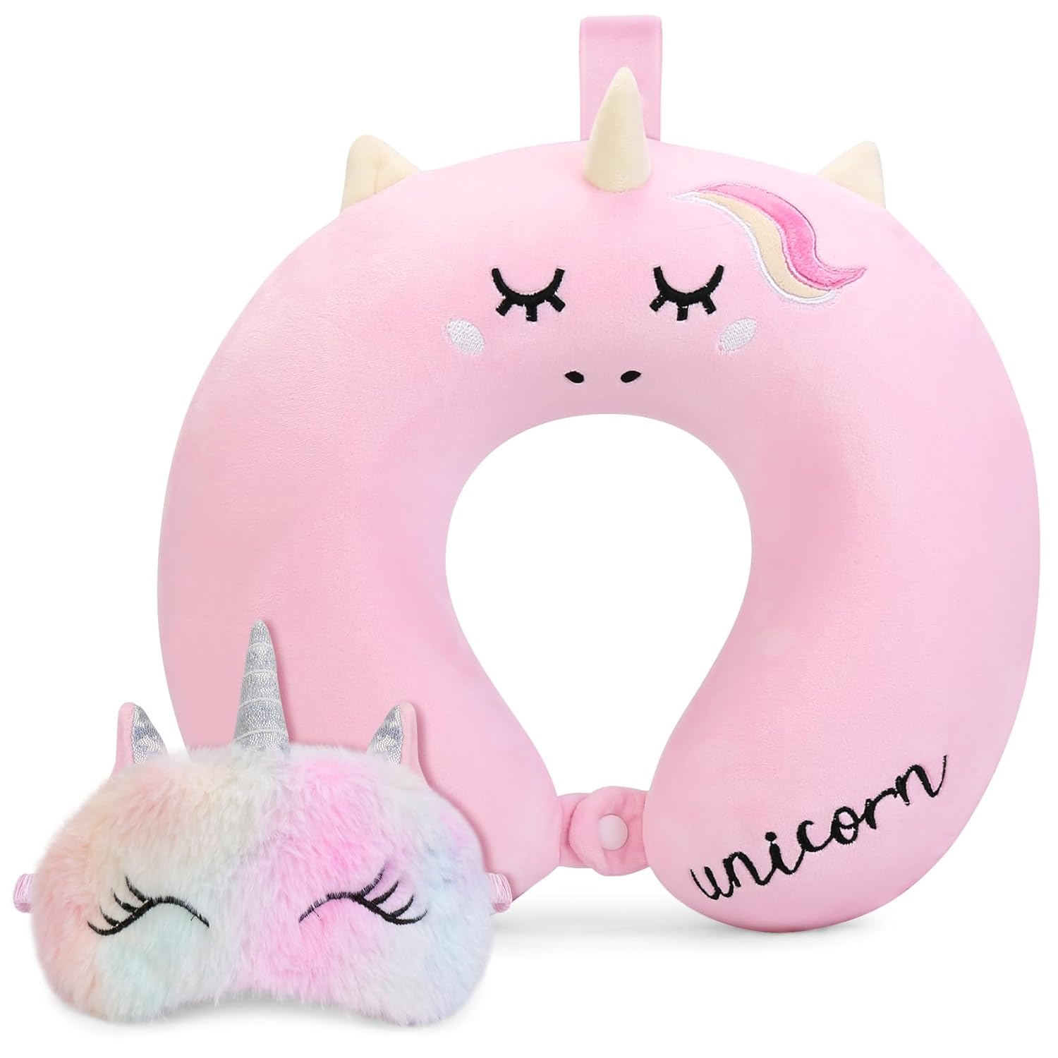 Kids Neck Pillow, Unicorn Kids Travel Pillow, Toddler Neck Pillow for Traveling with Eye Mask, Travel Essentials for Road Trip Airplane Car Seat, Cute Headrest Memory Foam Pillow for Gift (Pink)