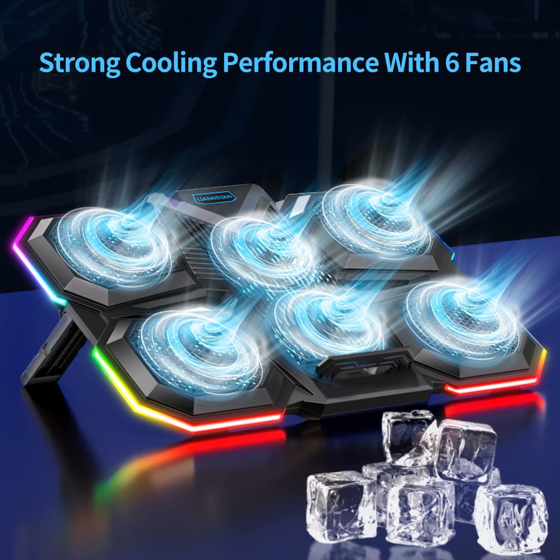 LIANGSTAR Laptop Cooling Pad Gaming Laptop Cooler, Laptop Fan Cooling Stand with 6 Quiet Fans for 15.6-17.3 Inch, 7 Height Adjust, RGB LED Light 4 Modes, Switch Control Fan Speed, 2 USB Port, 2023 New