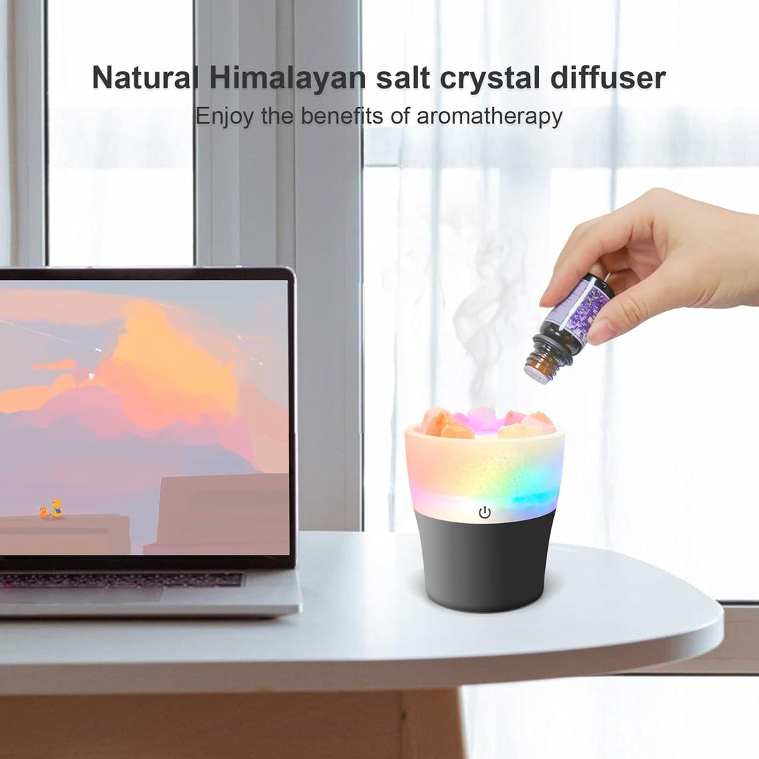 Essential Oil Diffusers Humidifier, Small Aromatherapy Diffuser for Bedroom Home Office, Himalayan Salt Pink Crystal Auto Shut-Off Colorful LED Night Light