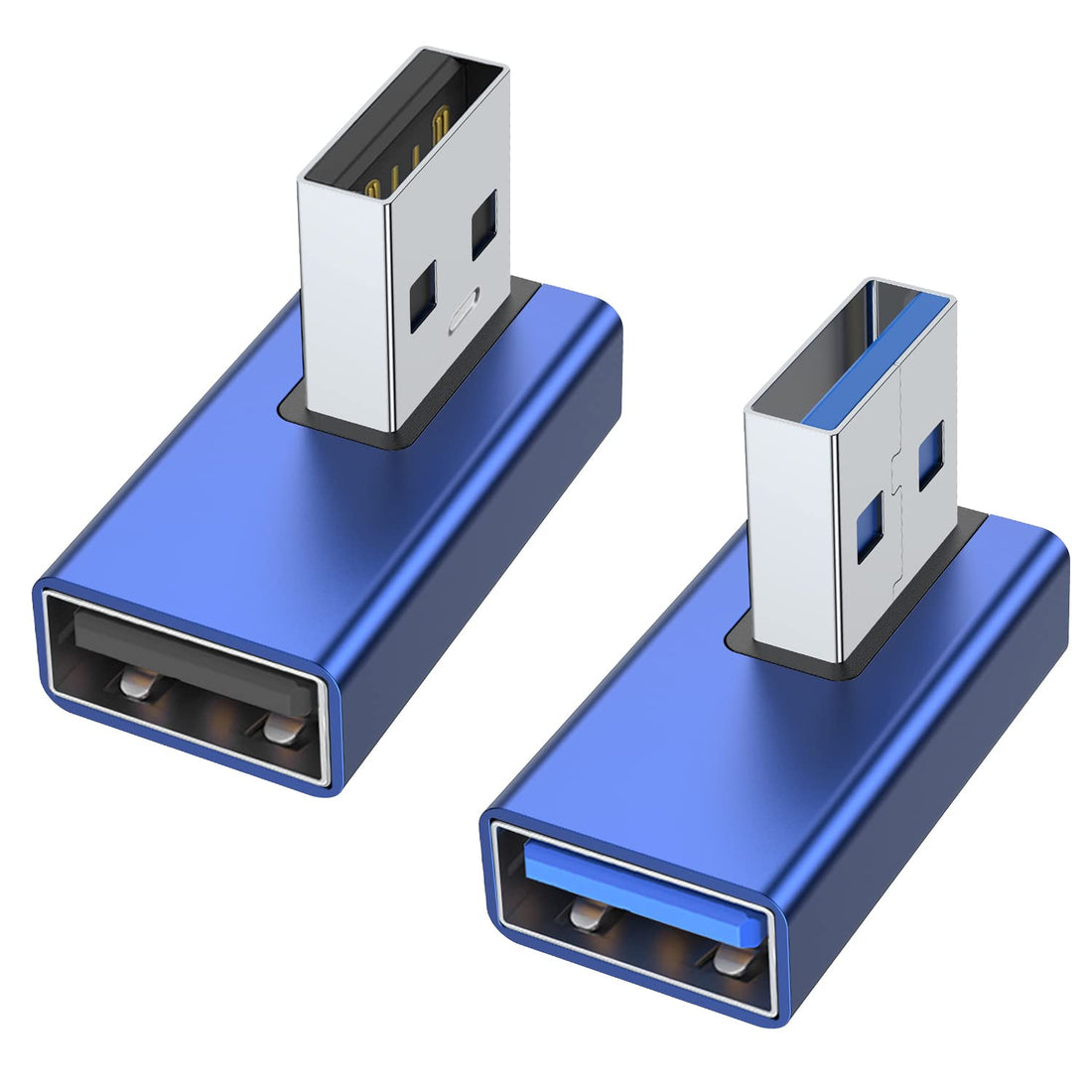 AreMe 90 Degree USB 3.0 Adapter 2 Pack, Left and Right Angle USB A Male to Female Converter Extender for PC, Laptop, USB A Charger, Power Bank and More (Blue)
