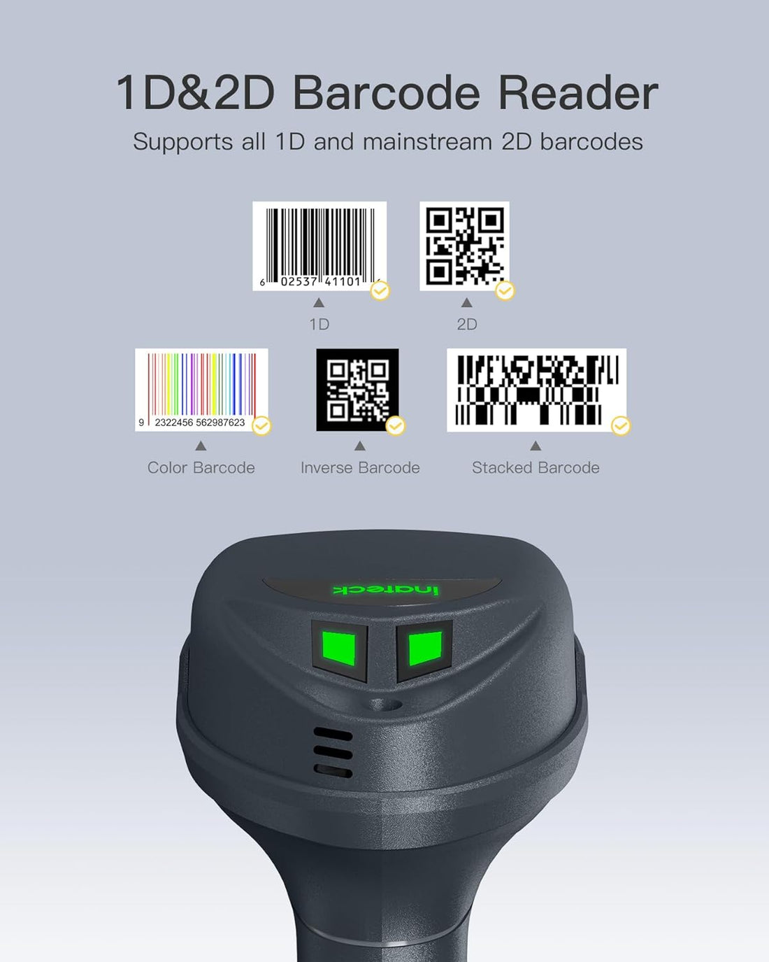 Inateck Wireless Barcode Scanner 2D, QR Code Scanner, Mega Pixel, 2600 mAh Battery, with Smart Base, Screen Scanning, BCST-91