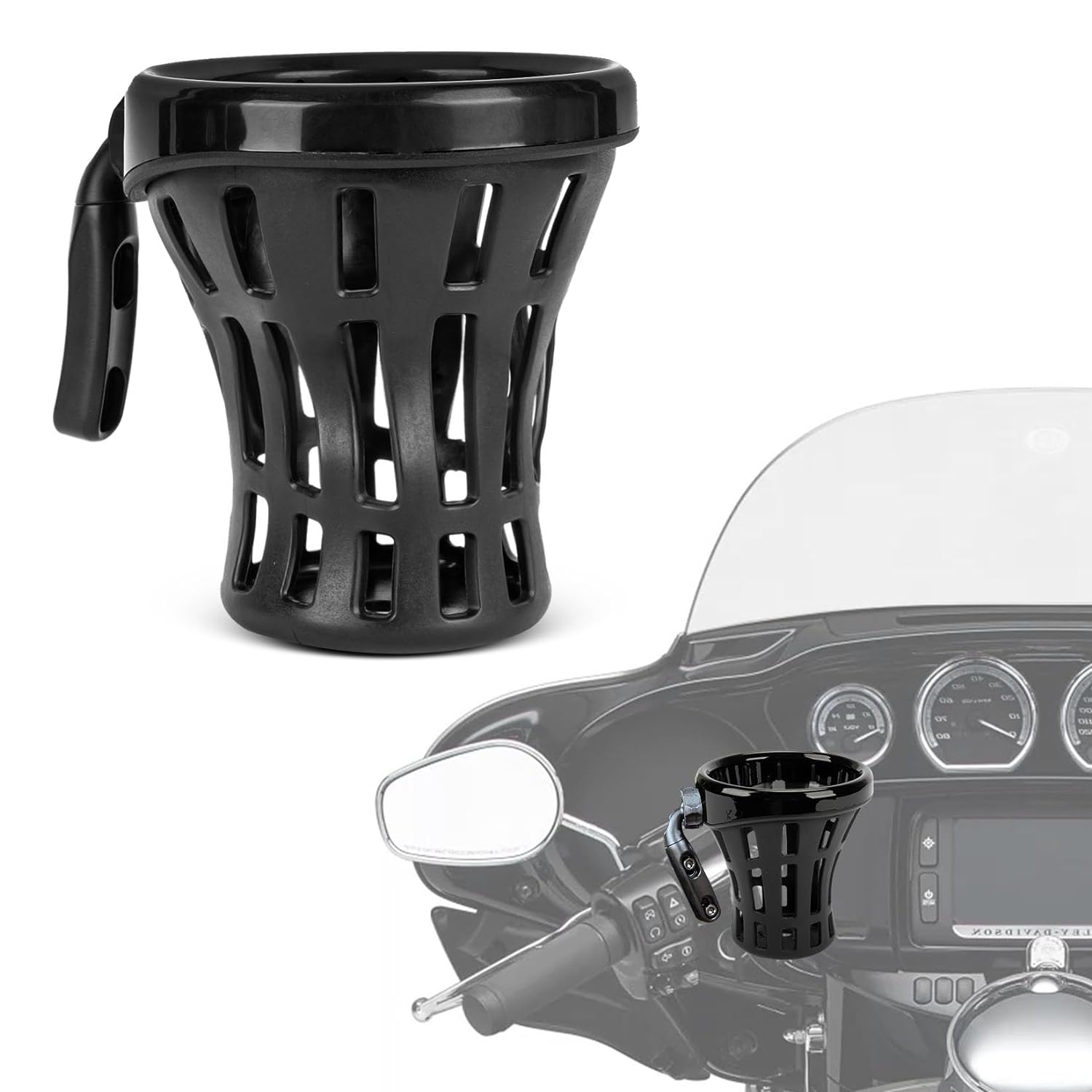 PSLER Motorcycle Handlebar Cup Drink Bottle Holder W/Mesh Basket Mount Universal for Dyna Softail Electra Glide 1996-up and for Goldwing GL1800 Rebel 250 300 500 XSR 900 Vulcan 1500 1600 Vstar(Black)