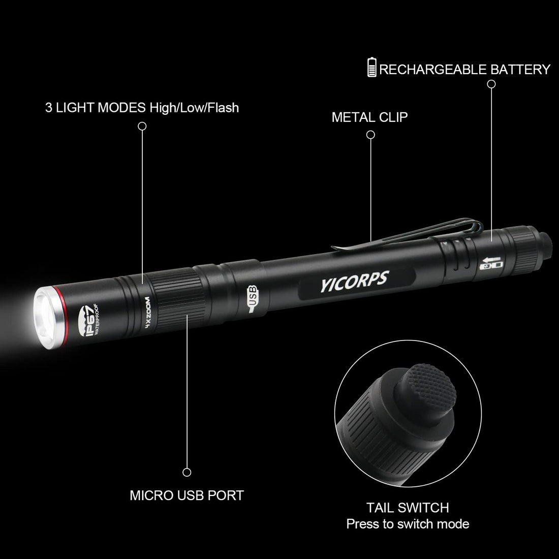 YICORPS Rechargeable Pen Light Flashlight 300 Lumens 3 Lighting Modes Handheld Pocket Small Flashlights with Clip, Zoomable Waterproof Perfect for Emergency, Inspection, Repair, Camping