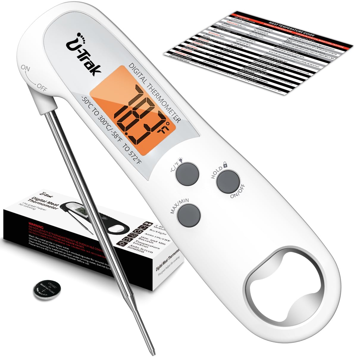 U-Trak Instant Read Meat Thermometer with Backlight for Grill and Cooking, Digital Meat Probe Food Thermometer for BBQ, Liquids, Candy and Oil Deep Frying, Durable Waterproof Grill Thermometer (White)