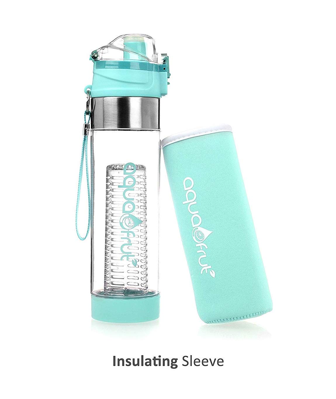 NEW Improved Unique Bottom Loading Fruit Infuser Water Bottle Complete Bundle Includes Bottle Brush, Insulating Sleeve & Infusion Recipe eBook. Leak Proof Sweat Proof BPA-Free (Teal)