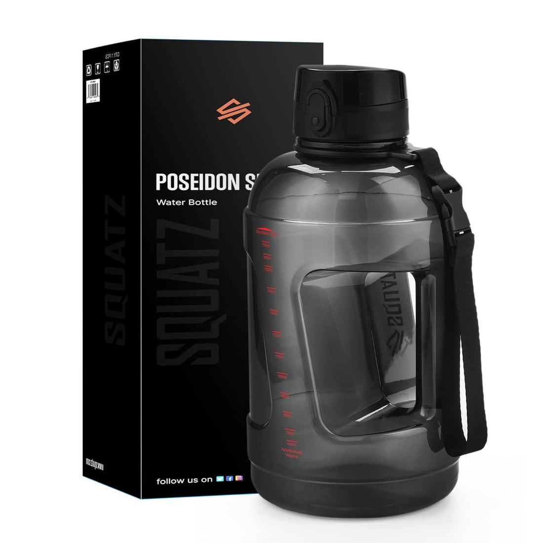 SQUATZ 78 Oz Poseidon Water Bottle Series (Black) - Sports Big Volume Wide Mouth Opening, Anti-Slip Handle, Fall-Proof Cap, Fixed Buckle Carrying Strap, Leak Proof & Zero Condensation Jag
