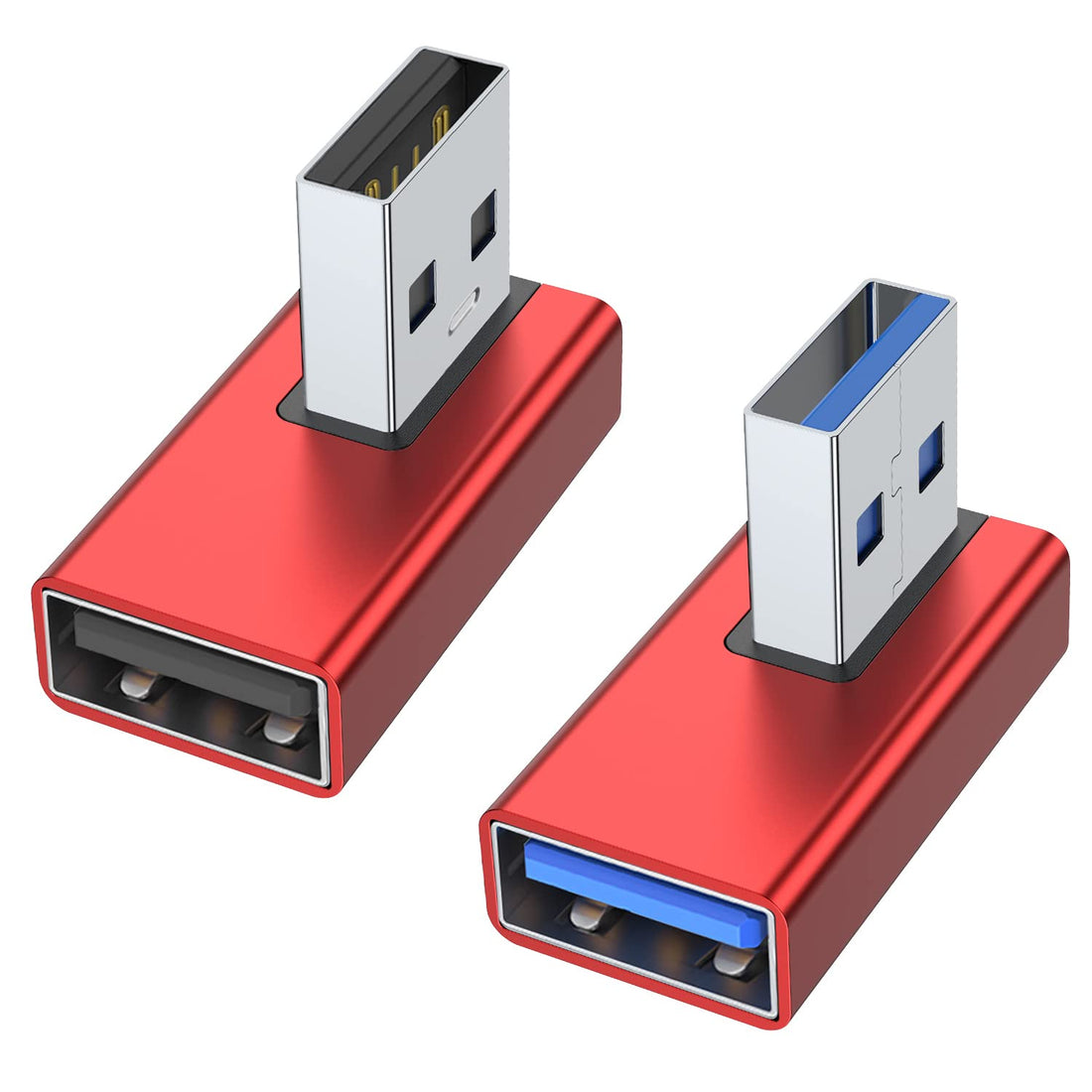 AreMe 90 Degree USB 3.0 Adapter 2 Pack, Left and Right Angle USB A Male to Female Converter Extender for PC, Laptop, USB A Charger, Power Bank and More (Red)