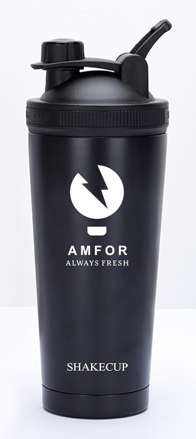AmFor Shaker Bottle, Double Wall Stainless Steel 25 Oz, Stainless Steel Blender Bottle, Protein Shaker, Shaker Cup, Coffee Bottle, Reusable (Black)