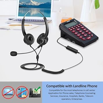 AGPtEK Hands-Free Call Center Noise Cancelling Corded Binaural Headset Headphone with 4-Pin RJ9 Crystal Head and Mic Mircrophone for Desk Phone - Telephone Counseling Services, Insurance, Hospitals