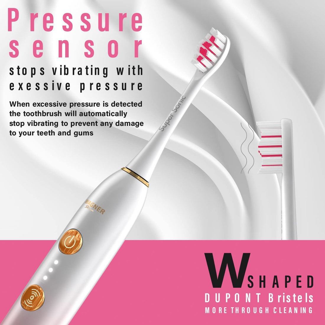 WAGNER Switzerland WHITEN+ Edition. Smart Electric Toothbrush with Pressure Sensor. 5 Brushing Modes and 3 Intensity Levels, 8 Dupont Bristles, Premium Travel Case. (Magnolia Gold)