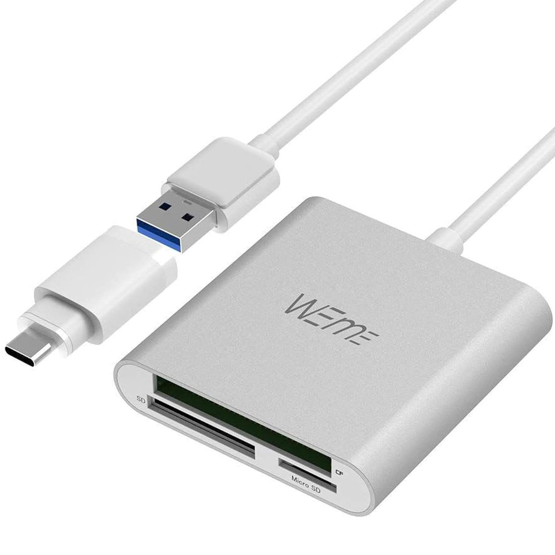 WEme Aluminum USB 3.0 CF/SD/TF Micro SD Card Reader with Type-C Adapter Converter for USB-C Device New MacBook, ChromeBook Pixel, iMac, MacBook Pro Air, Mac Mini, Microsoft Surface Pro, Lenovo Yoga PC